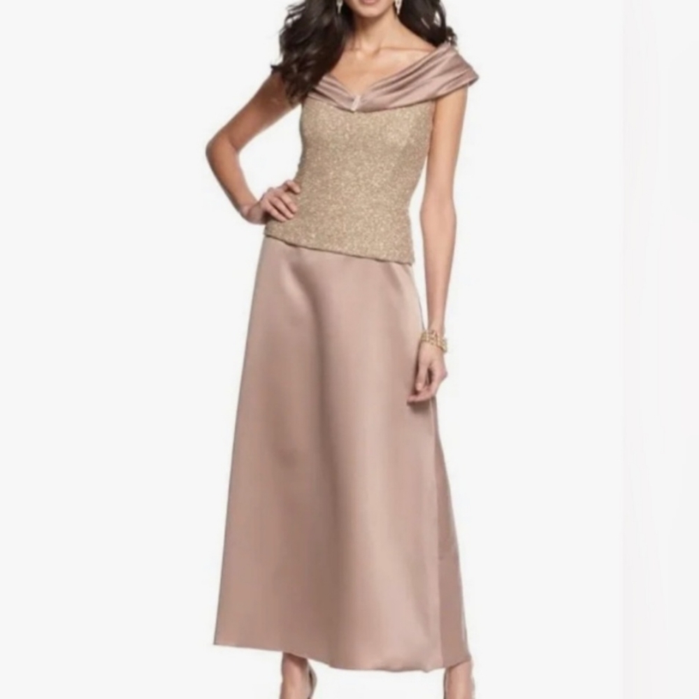 PATRA Size 14 Latte Brown Satin Portrait Collar Beaded Bodice Chiffon Maxi Gown